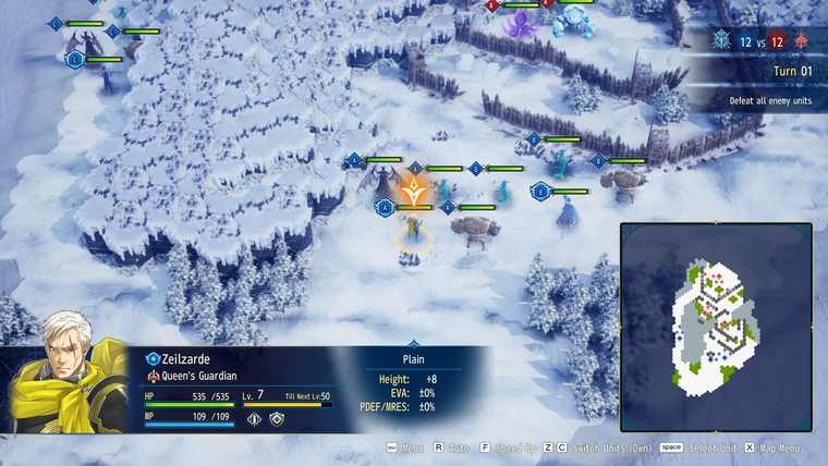 Hex-grid battle on a snowfield with a unit panel showing terrain height and evasion